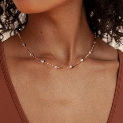Attop Dainty 14K Gold Plated Simple White Pearls Choker Necklace Elegant Tiny Small Pearl Necklaces