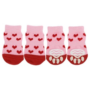 Unique Bargains Dog Cats Non-Slip Socks Heart Pattern Paw Protection and Traction Pink 4 Pcs - 1 of 4
