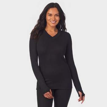 Warm Essentials By Cuddl Duds Women's Textured Fleece Thermal V-neck Top -  Black S : Target