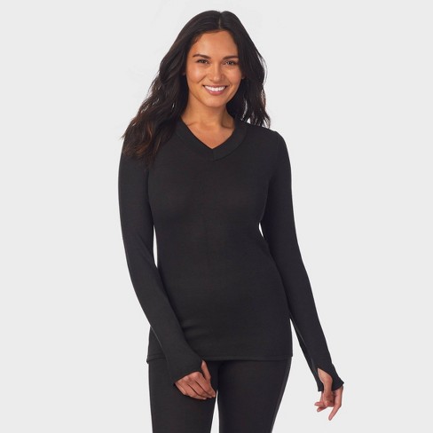 Warm Essentials by Cuddl Duds Women's Smooth Mesh Thermal V-Neck Top -  Black S