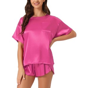 INSPIRE CHIC Women's Lounge Sets Satin Silky Short Sleeve T-shirt with Slit Elastic Shorts Sleepwear Pajama Set - 1 of 4