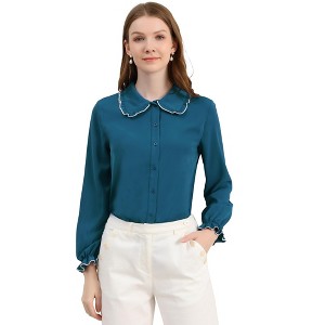 Allegra K Women's Sweet Ruffle Peter Pan Collar Long Sleeves Button Down Shirt - 1 of 4