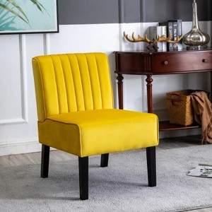 Yellow mid-century modern chair set of 2 with minimalist design, elegant velvet upholstery and solid wood legs - 1 of 4