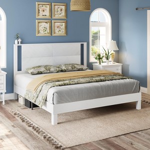AMERLIFE Solid Wood Bed Frame, Herringbone Headboard, Rustic Platform, No Box Spring - 1 of 4