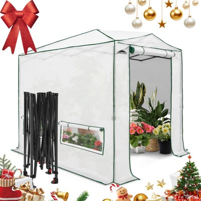 EAGLE PEAK 8x6 ft Instant Pop-up Greenhouse,Walk in Green House with Roll-Up Zipper Doors and Side Windows, Green/Clear