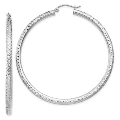 Black Bow Jewelry 3mm x 55mm, 14k White Gold, Diamond-cut Round Hoop Earrings