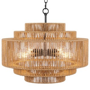 LamQee Farmhouse Rattan Chandeliers, 5-Tier Boho Chandelier Light Fixture Black with V-Shaped Hand Woven Wicker Shade - 1 of 4