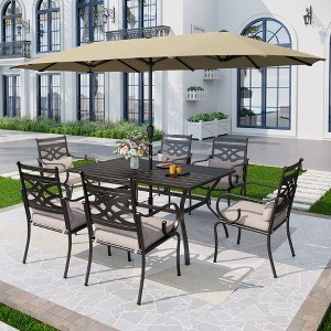 Captiva Designs 8Pc Outdoor Steel Rectangle Dining Table & Cushioned Metal Chairs & Market Umbrella - 1 of 4