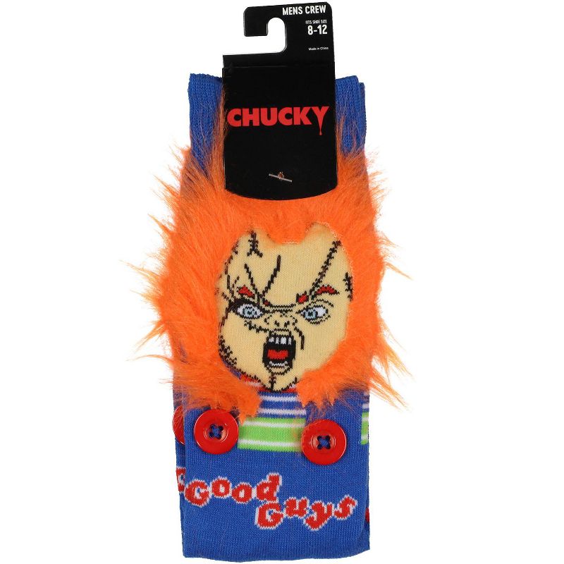 Child's Play Chucky Doll Fuzzy Hair Costume Character Design Men's Crew Socks Blue, 4 of 5