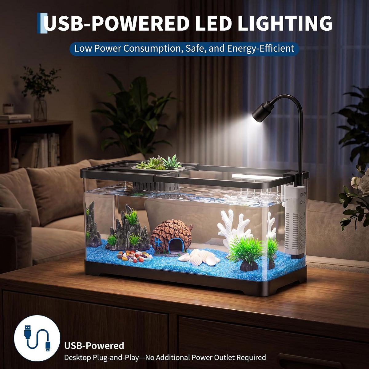 Small Plastic Fish Tank with Light & Filter, 8-Piece Kit, LED Light + Filter + Fish Net + Decor, for Desk Dorm Office - thumbnail 7