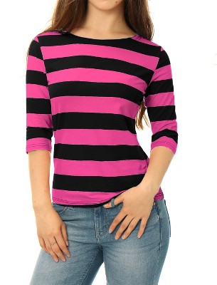 INSPIRE CHIC Women's Stripes Casual Basic Elbow Sleeves Boat Neck Slim Fit T-Shirts
