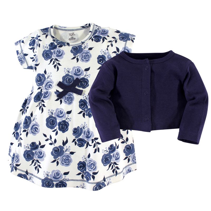 Touched by Nature Baby and Toddler Girl Organic Cotton Dress and Cardigan 2pc Set, Navy Floral, 3 of 6