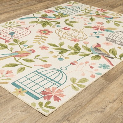 Beige and Multicolor Tropical Birds Washable Synthetic Area Rug