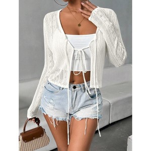 Women's Long Sleeve Tie-Front Cardigan Lightweight Cropped Knit Open Front Sweater - 1 of 4