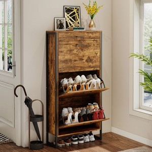 KTMBDW Rustic Shoe Cabinet with Flip Drawers, Narrow Shoe Cabinet with Metal Legs & Handles for Entryway, Hallway, Organizer - 1 of 4