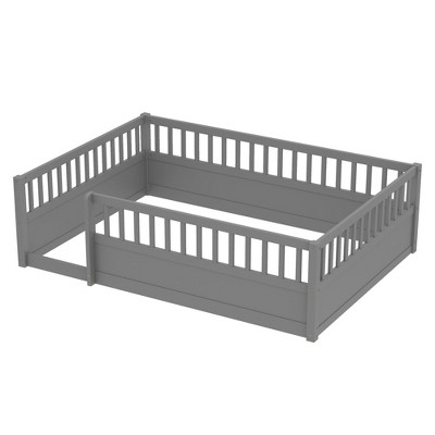 Vynxaria Full Floor Bed Frame with Fence Wooden Kids Bed for Bedroom Playroom gray Solid Wood Safety Design