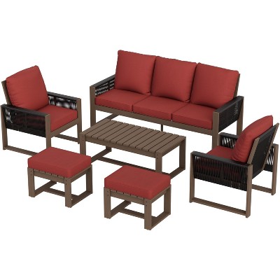 EAGLE PEAK Natural Cedar Wood Conversation Set, Outdoor Patio Furniture with 2 Ottomans and Coffee Table