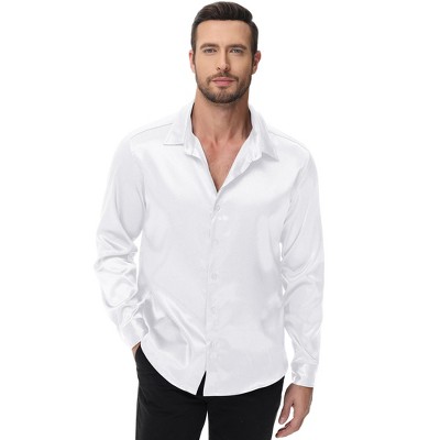 Men's Shiny Satin Dress Shirts Long Sleeve Button Down Blouses
