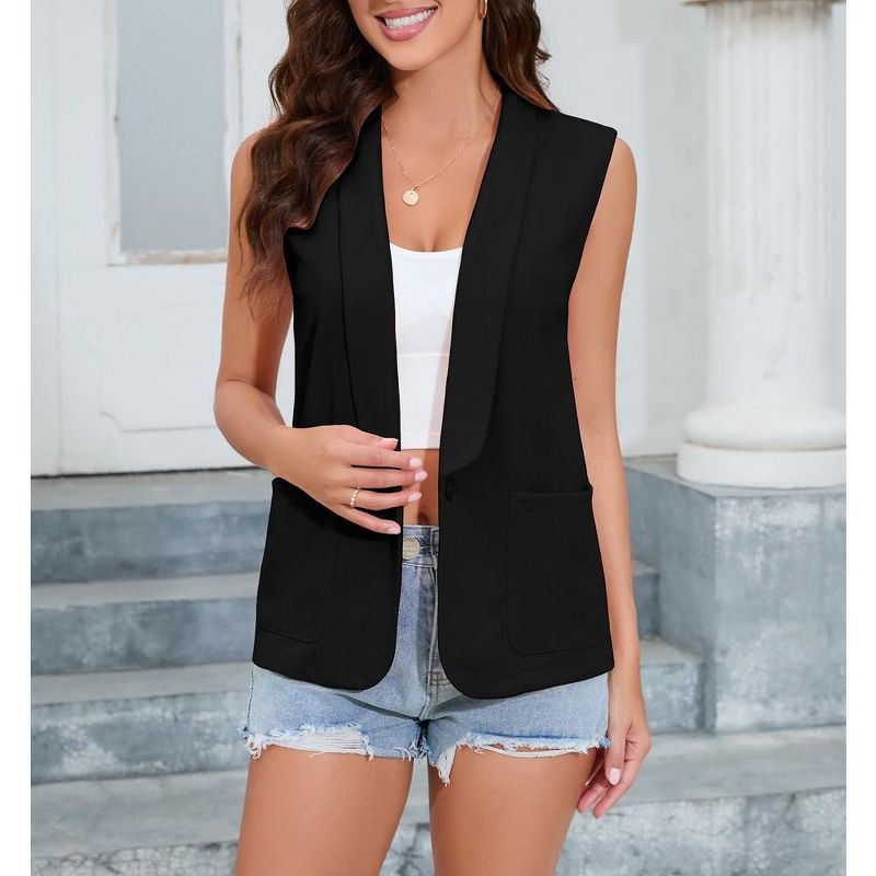 Whizmax Sleeveless Blazer Vest For Women Open Front Casual Long Cardigan Singal Button Blazer Jacket With Pockets, 3 of 7