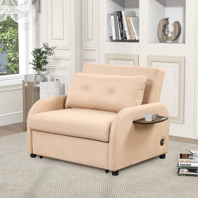 Modern Linen Sleeper Sofa with Wing Tables and USB Charging, Multi-Function Pull-Out Sofa Bed for Guest Room or Small Apartment–The Pop Home
