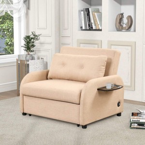 Modern Linen Sleeper Sofa with Wing Tables and USB Charging, Multi-Function Pull-Out Sofa Bed for Guest Room or Small Apartment–The Pop Home - 1 of 4