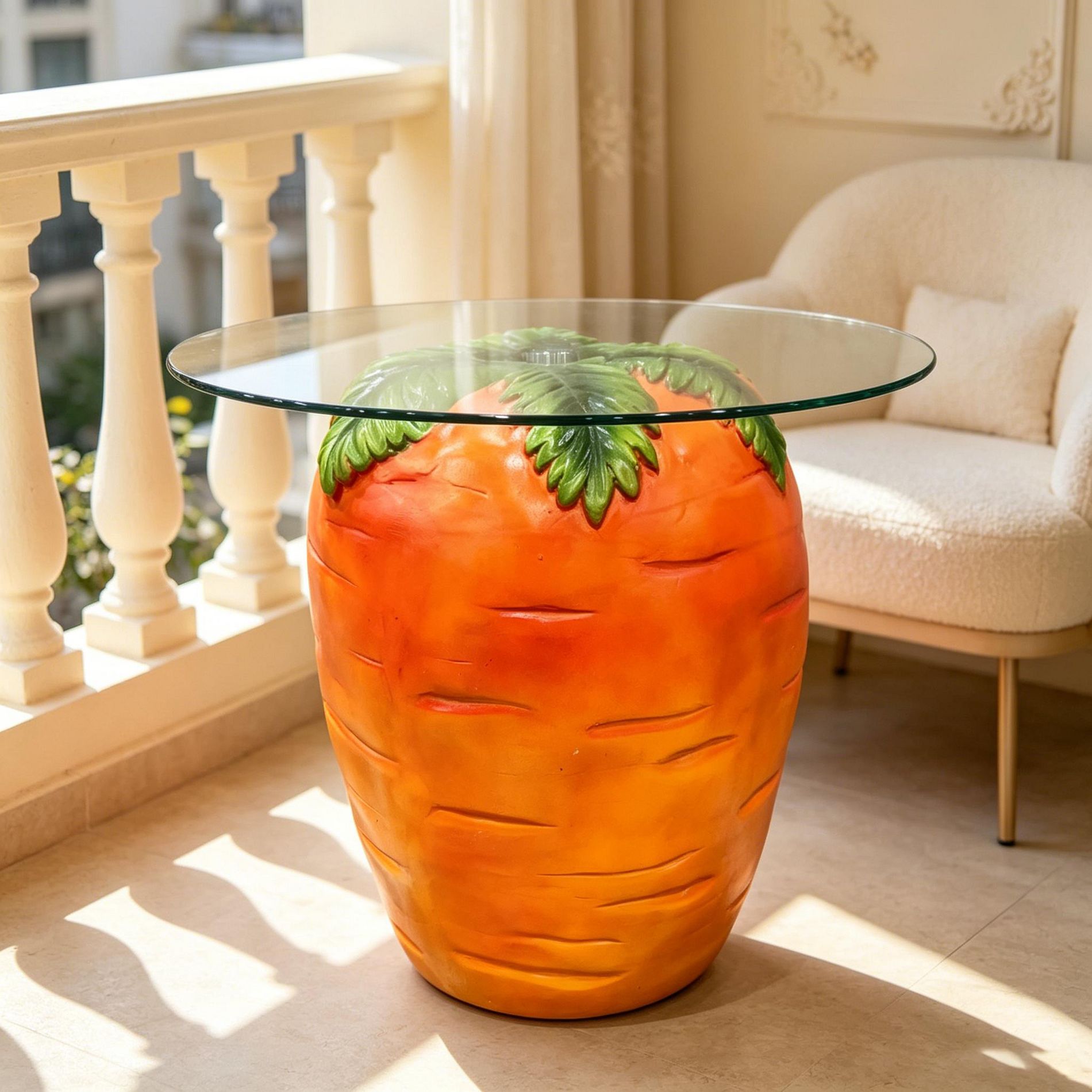 GDFStudio Jovie Carrot Shaped Resin Side Table with Tempered Glass Top, Orange-Red