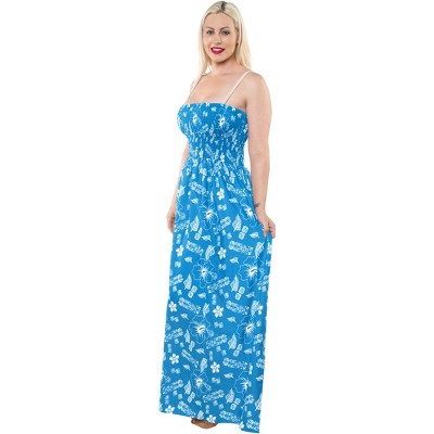LA LEELA Women's House Daily Routine Evening Wear Boho A line Smocked Dresses Evening Long Tube Top Slit Maxi Dress for Women One Size Blue, Floral