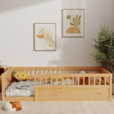 Nicbex Twin/Full Size Floor Bed for Kids,Montessori Bed Frame with High Fence,Sturdy Wood Playhouse Montessori Bed for Girls/Boys