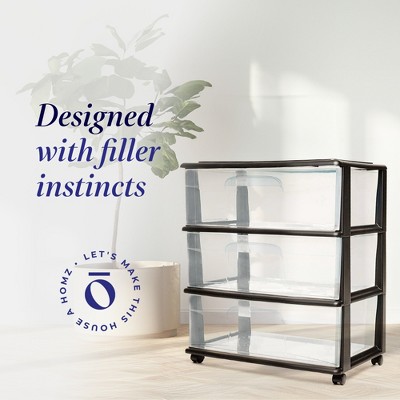 Homz Black and Clear Plastic 3-Drawer Storage Cart with Wheels
