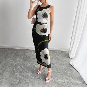 Garvee Women's Floral Maxi Dress Crew Neck Sleeveless Ruched Bodycon Mesh Formal Wedding Guest Dresses - Black,L