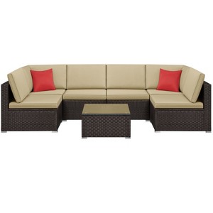 Yaheetech 7 Pieces Rattan Patio Furniture Set with Cushions Brown - 1 of 4