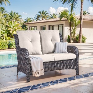 Buenhomino Outdoor Patio Couch Wicker Sofa Loveseat- 2 Seater Rattan Sofa for Outside Patio Garden with Deep Seating and Olefin Cushions - 1 of 4