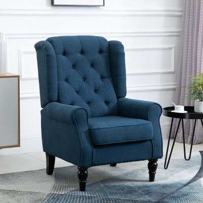 Blue Button-Tufted High Wingback Accent Chair with Wood Legs