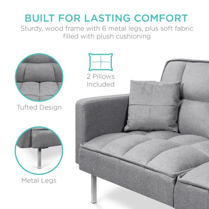 Best Choice Products Convertible Living Room Linen Fabric Tufted Split-Back Futon Sofa w/ 2 Pillows, 5 of 8