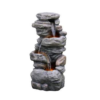 Teamson Home Indoor/Outdoor 3-Tier Stacked Stone-Look Tall Waterfall Fountain with LED Lights, Gray