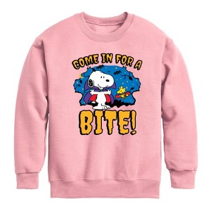 Boys' - Peanuts - Snoopy Come In For A Bite Graphic Long Sleeve Fleece Sweatshirt - 1 of 4