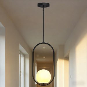 YANSUN 1-Light Modern Pendant Chandelier / Hanging Light with Frosted White Glass Globe, Black Metal Finish, Adjustable Rods, Track Ring Base - 1 of 4