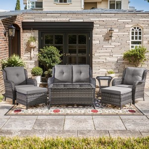 Gymojoy 7 Piece Outdoor Wicker Loveseat Sofa with Patio Chairs with Coffee Table and Ottoman Sets - 1 of 4