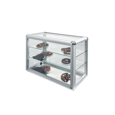 Vynxaria Tempered Glass Countertop Display Showcase: Aluminum Frame, Sliding Lockable Door, Removable Shelves