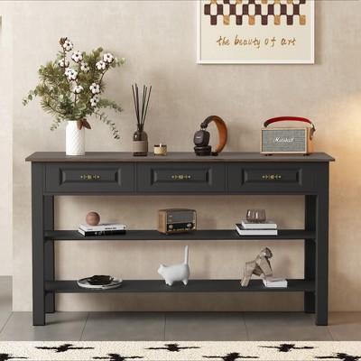 Bella Depot 63'' Console Table with 3 Wooden Drawers and Shelf,Metal Legs