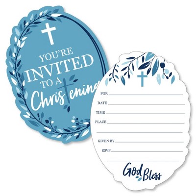 Big Dot of Happiness Christening Blue Elegant Cross - Shaped Fill-in Invitations - Boy Religious Party Invitation Cards with Envelopes - Set of 12