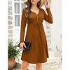 Women's High Waist Drawstring Dress Casual V-Neck Pleated Button Down Long Sleeves Knee Length Midi Dresses - 2 of 4