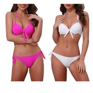 INSPIRE CHIC Women's Knot Twist Halter Double Straps Tie Back Bra Triangle Bottoms Swimwear Bikini Sets 2 Sets - 1 of 4