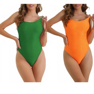 INSPIRE CHIC Women's Strappy Ribbed Monokini Adjustable Spaghetti Straps Triangle Bottoms Bikini Swimwear 2 Sets - 1 of 4