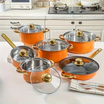 LunaLulinlk orange 12 Piece Stainless Steel Cookware Set, Assorted Colors Non-Stick Cookware Set