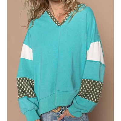 Women's V-neck Balloon Floral Patch Hoodie - POL