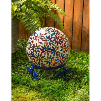 Multicolored Floral Mosaic Glass Outdoor Gazing Ball, 10 Inches