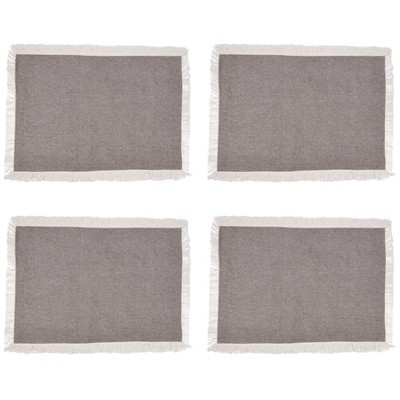 Gray Cotton Rectangle Placemats with Fringe Border, Set of 4