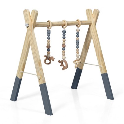 Costway Foldable Wooden Baby Gym with 3 Wooden Baby Teething Toys Hanging Bar Gray