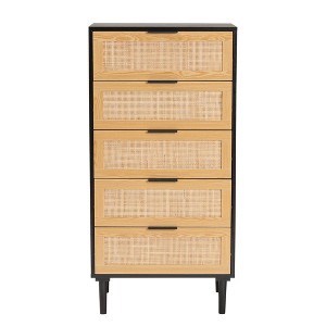 Maureen Wood and Rattan 5 Drawer Storage Chest Espresso/Natural Brown - Baxton Studio: Bohemian Style, Tapered Legs - 1 of 4